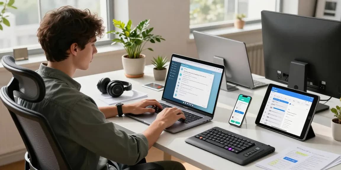 Using Telegram Web Version on a laptop in a modern workspace, showcasing productivity and technology integration.
