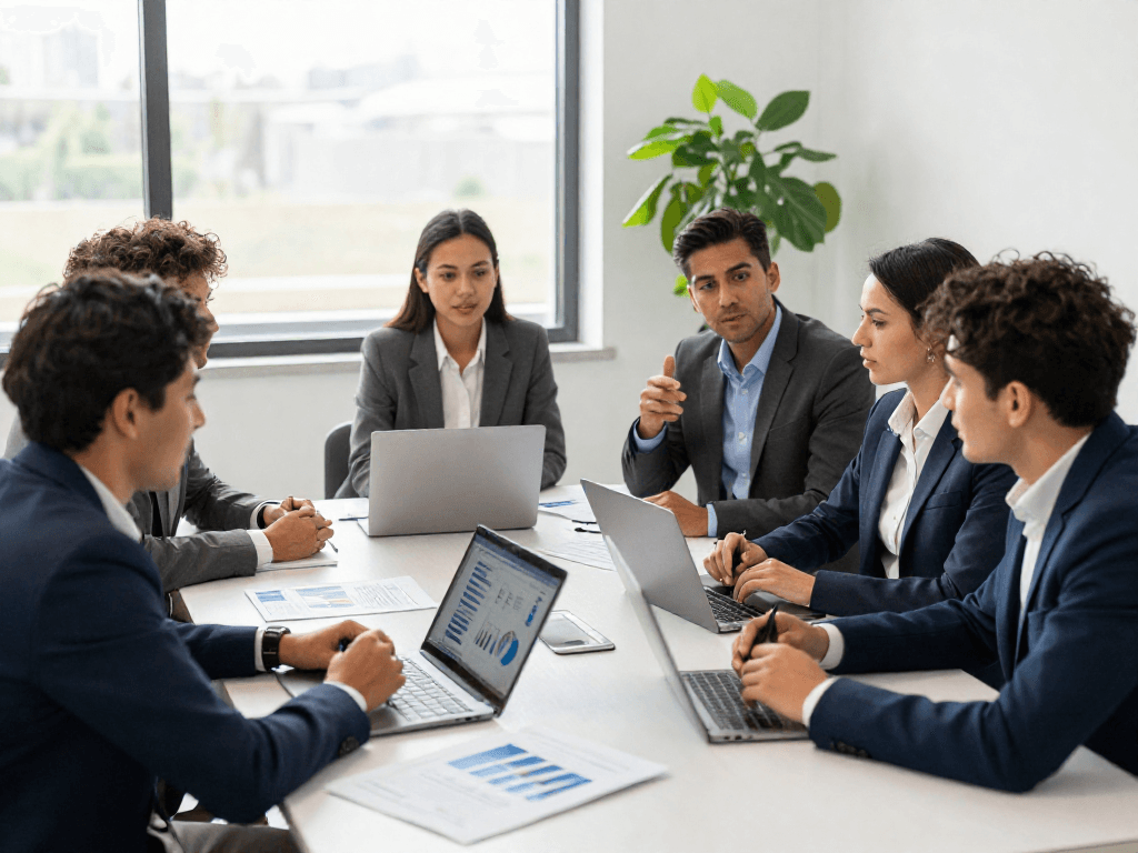 Professionals bespreken zakelijk krediet opties in een moderne kantooromgeving.
