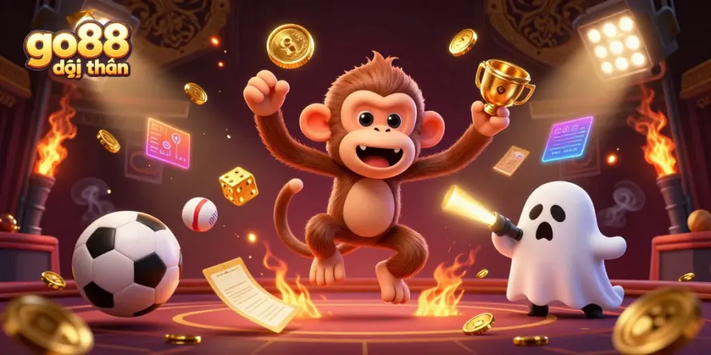Engage with go88 đổi thưởng as a monkey juggles golden coins amidst a dynamic casino setting.