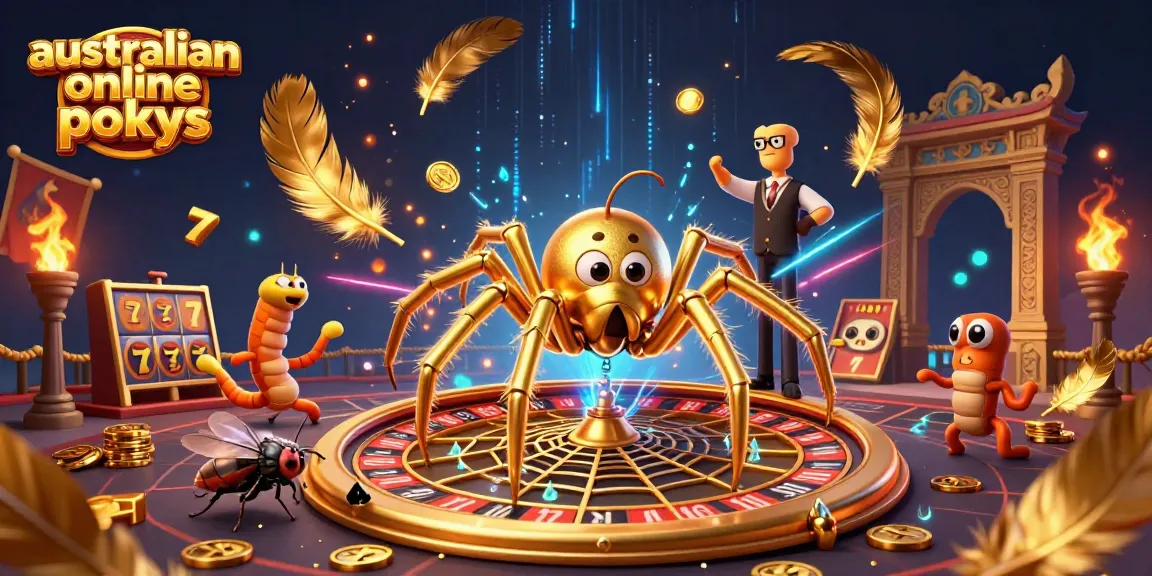 Exciting scene of australian online pokies with a golden spider, fly bets, and a centipede dealer.