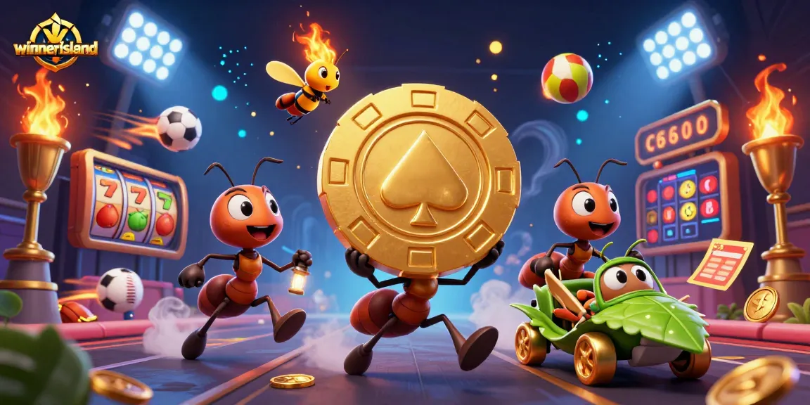 Experience excitement at winnerisland with a heist of giant poker chips amidst vibrant casino elements.