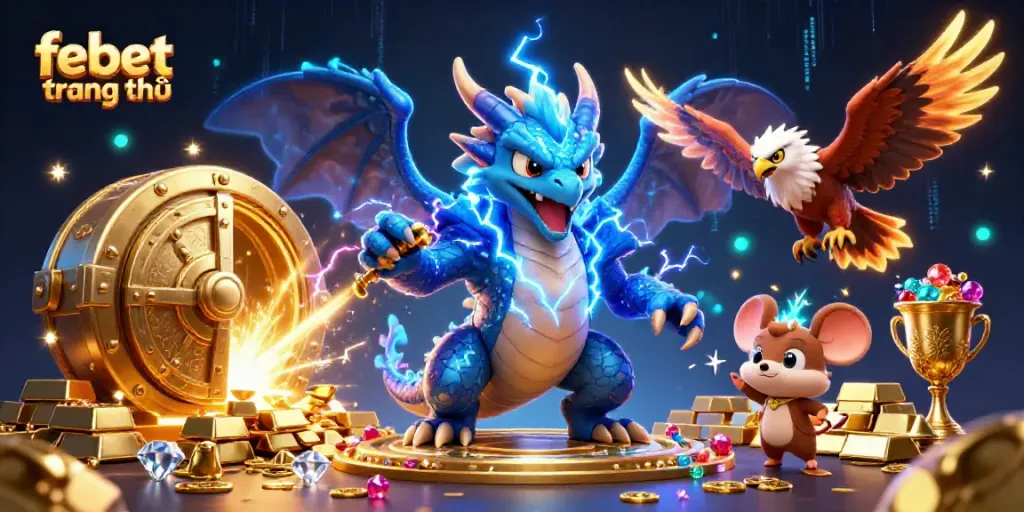 Bet on exciting games at febet trang chủ, featuring a dynamic 3D cartoon dragon, hawk, and treasure elements.
