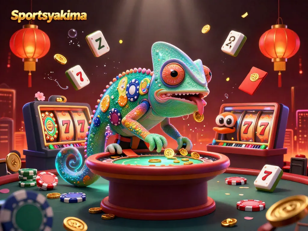 Engage with sportsyakima as the chameleon casino owner collects golden coins amidst vibrant gaming elements.