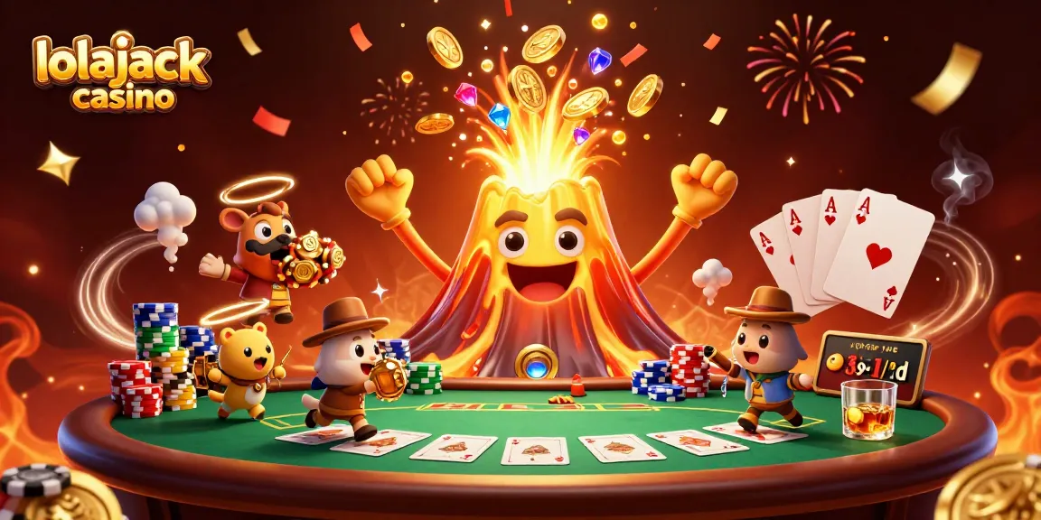 Experience winning at lolajack casino with a dynamic illustration of treasure and poker elements.