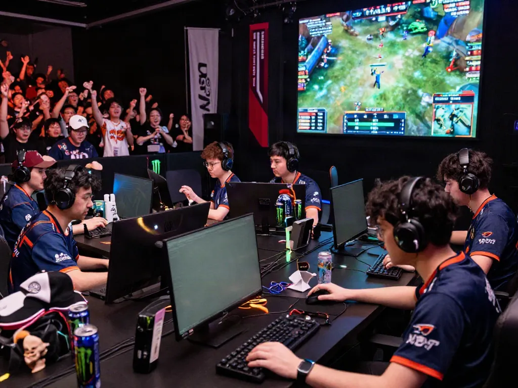 Engaged players at the esports arena during an intense match, highlighting the gaming vibe of https://manclub1.jp.net/.