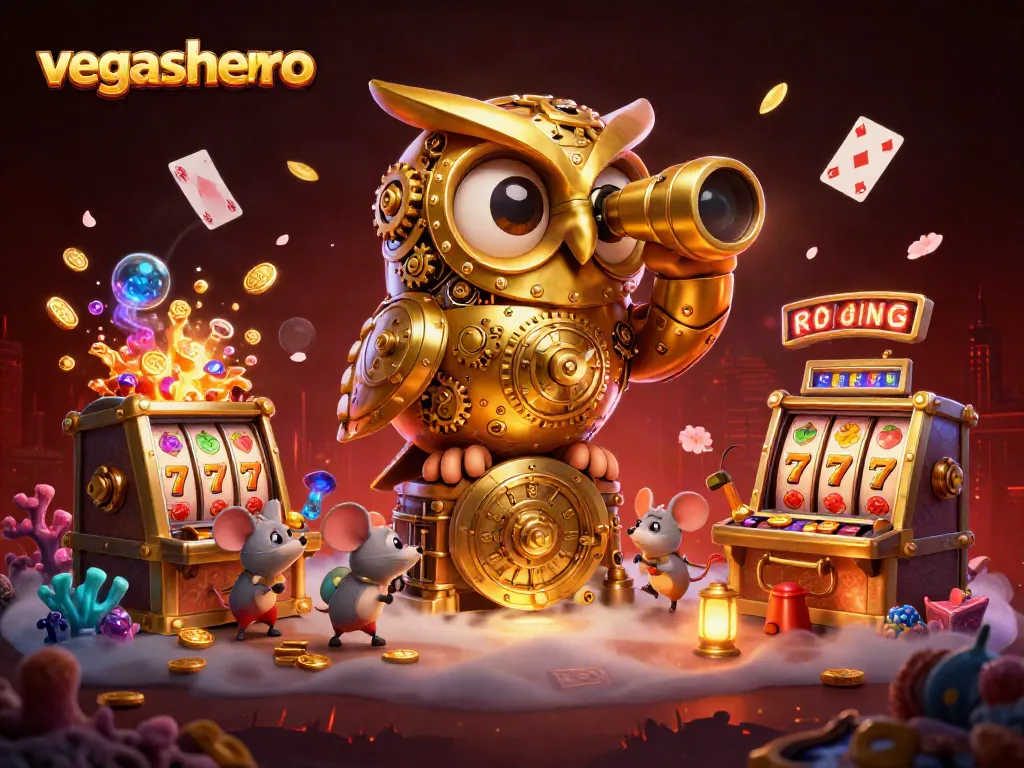 Immerse yourself in the vegashero casino scene filled with golden owls, lively slot machines, and vibrant game elements.