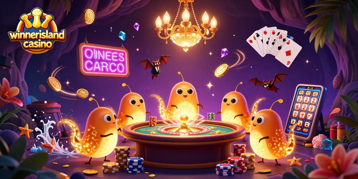 Win big at winnerislandcasino with a vibrant casino scene illuminated by glowworms and dynamic gaming elements.