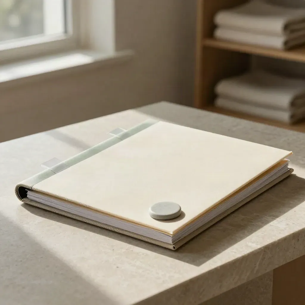 Gesloten geboorteplanmap met tabbladen en stenen paperweight op licht natuursteen.