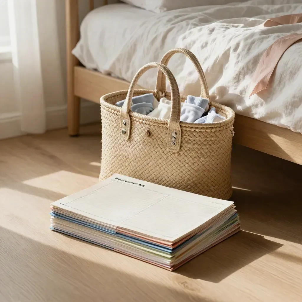 Checklist, ziekenhuis-tas en babysokjes op een lichte houten vloer naast bed.