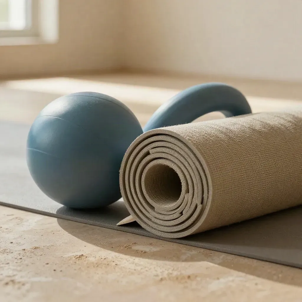 Birthing-ball, yogamat en linnen bolster op warme vloer in zacht middaglicht.