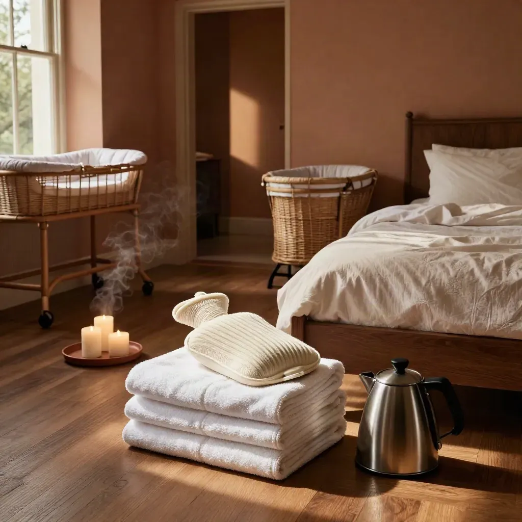 Sfeervolle slaapkamer met doula-set, kruik, kaarsen, stoom en een wiegje naast het bed.