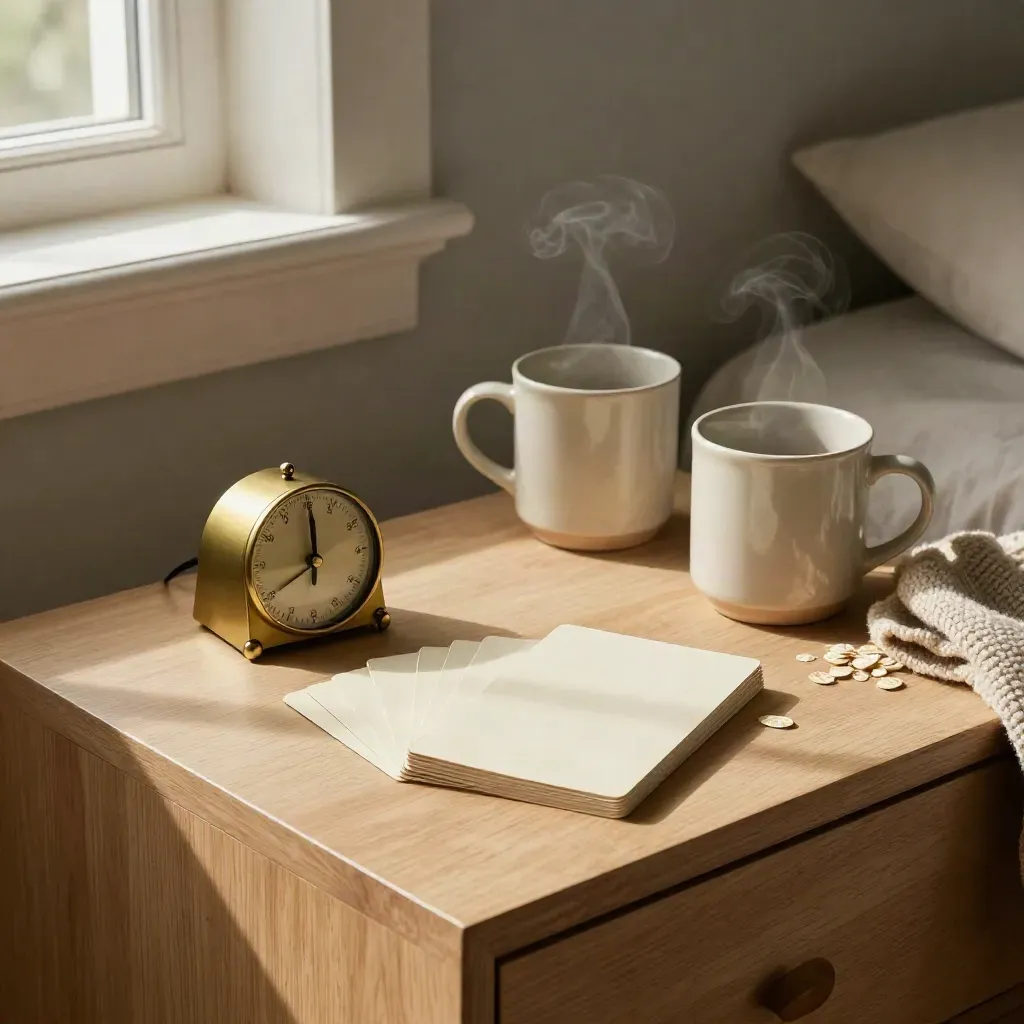Bedside met cuekaartjes, timer, twee mokken en een opgevouwen trui in warm avondlicht.