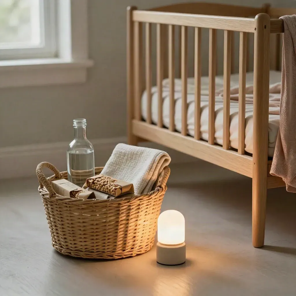 Postpartum mand met fles, snacks, hydrofiele doeken en lampje naast het wiegje.