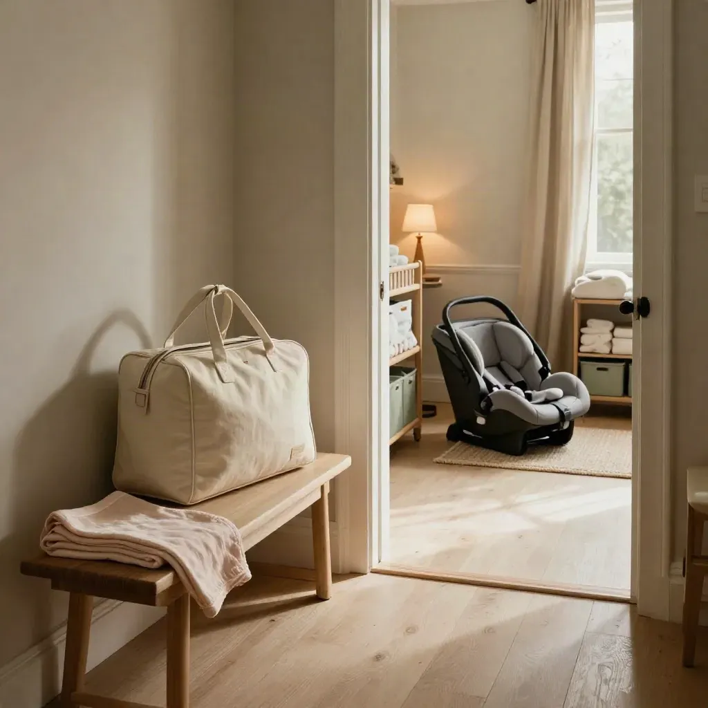 Rustige babykamerhoek met ingepakte tas, deken, autostoel en warme lamp bij de deur