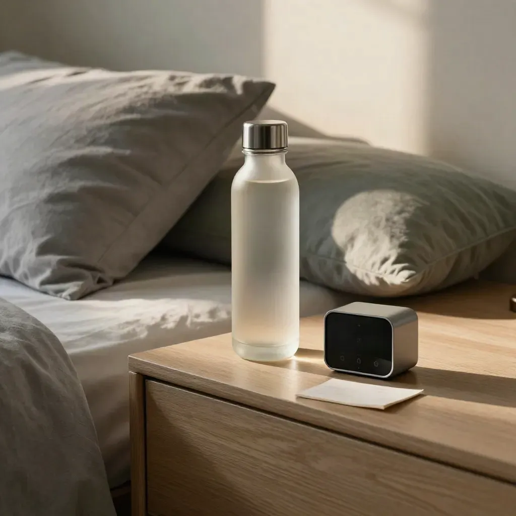 Donkere slaapkamer met waterfles, twee kussens, timer en omgekeerde houder naast het bed.