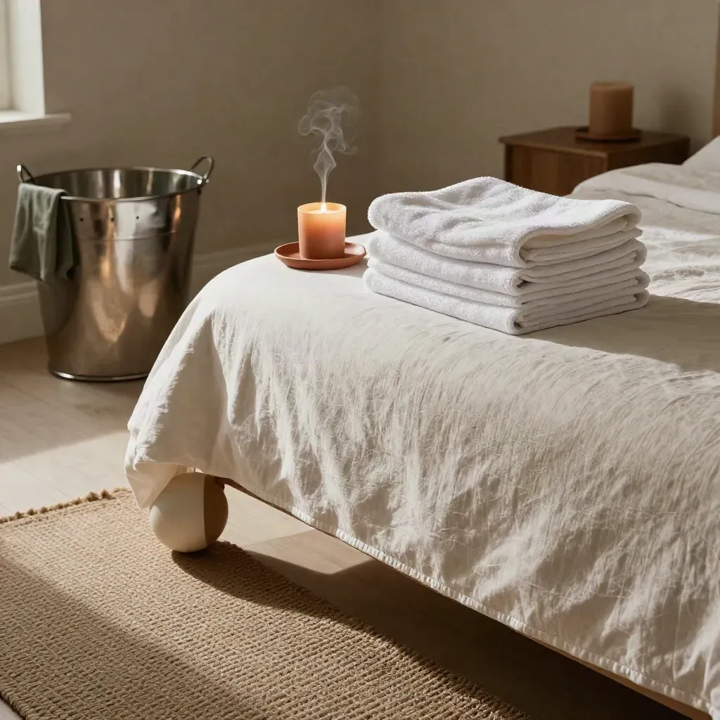 Slaapkamer klaar voor thuisbevalling met beddengoed, handdoeken, bal en kaarsen.