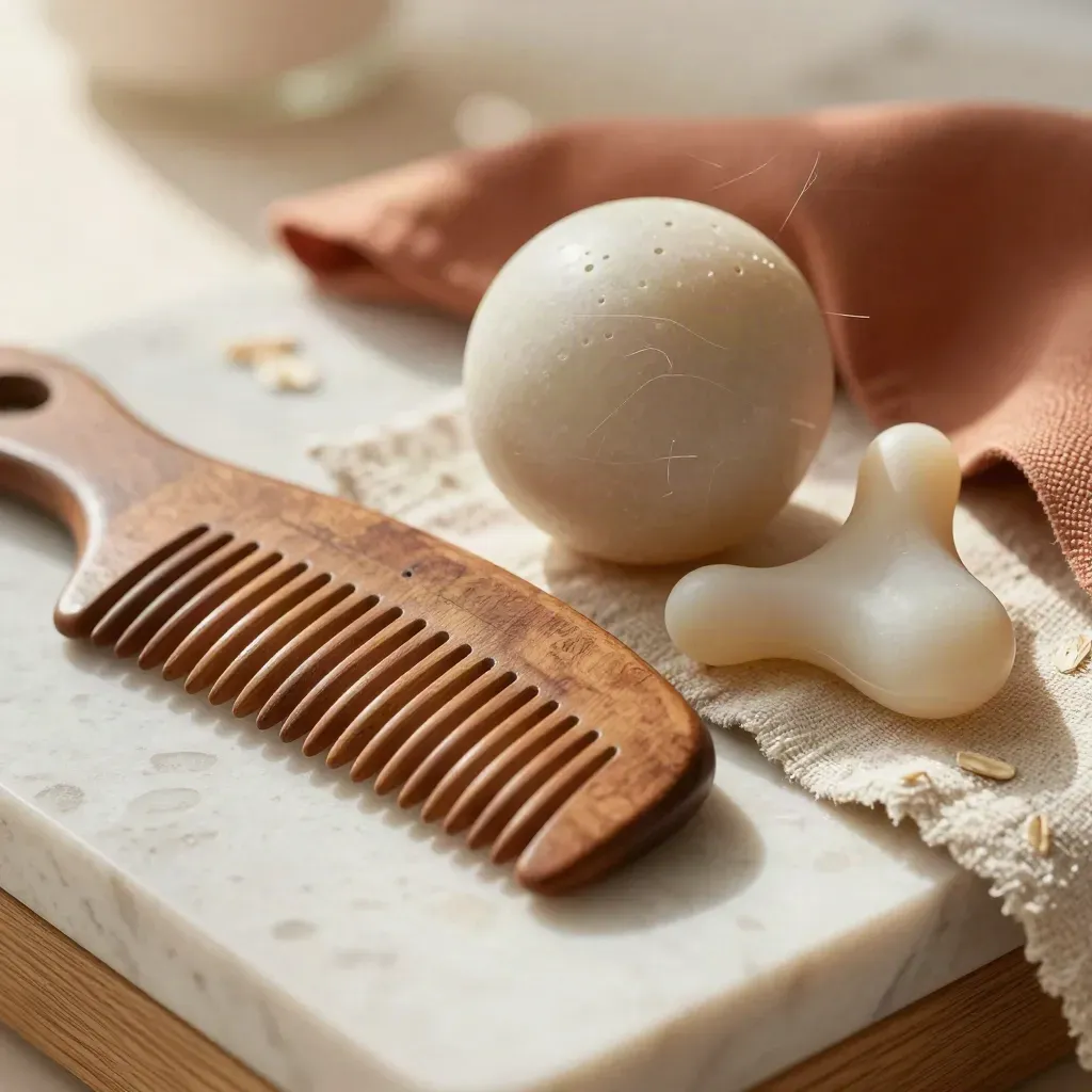 Macro van een houten geboortekam, acupressuurbal en bekkenmodel op linnen met terracotta accent.