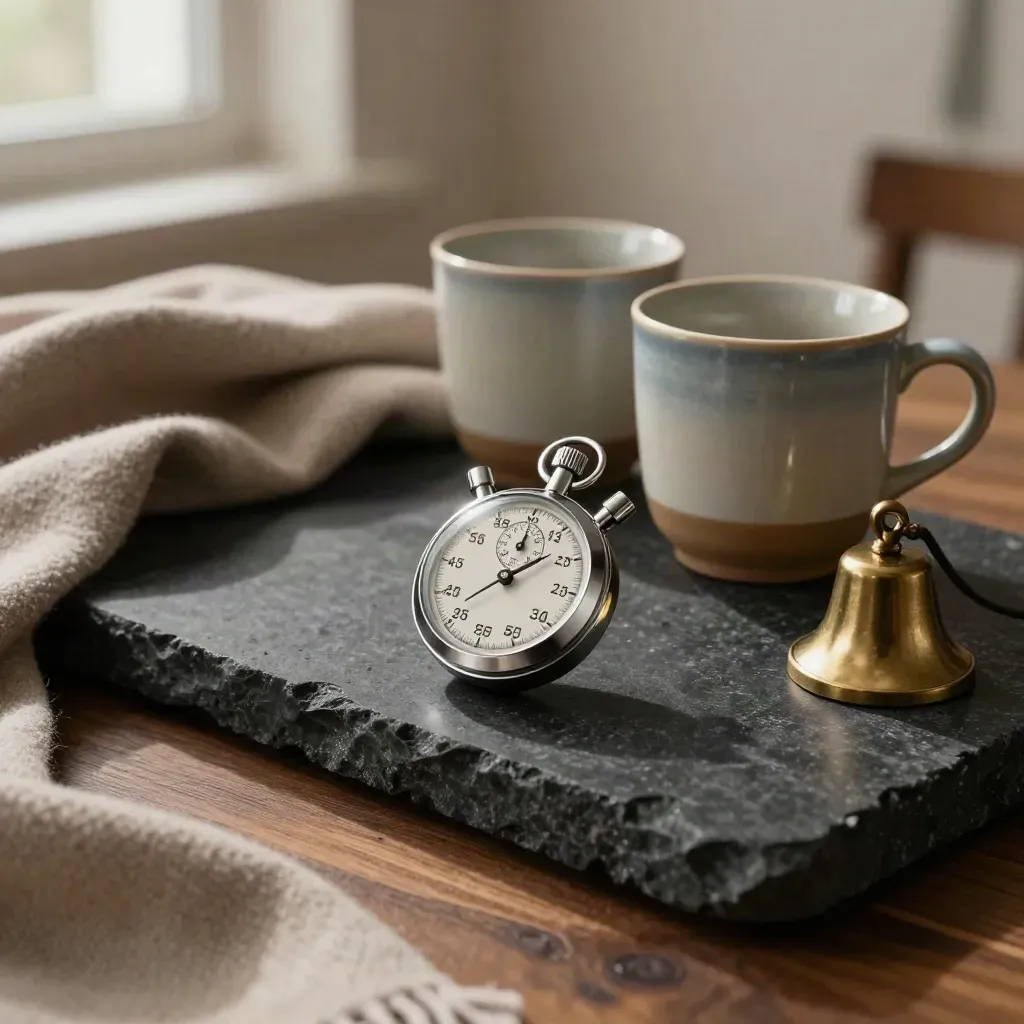Stilleven met stopwatch, twee keramische kopjes, sjaal en bel op donkere steen.