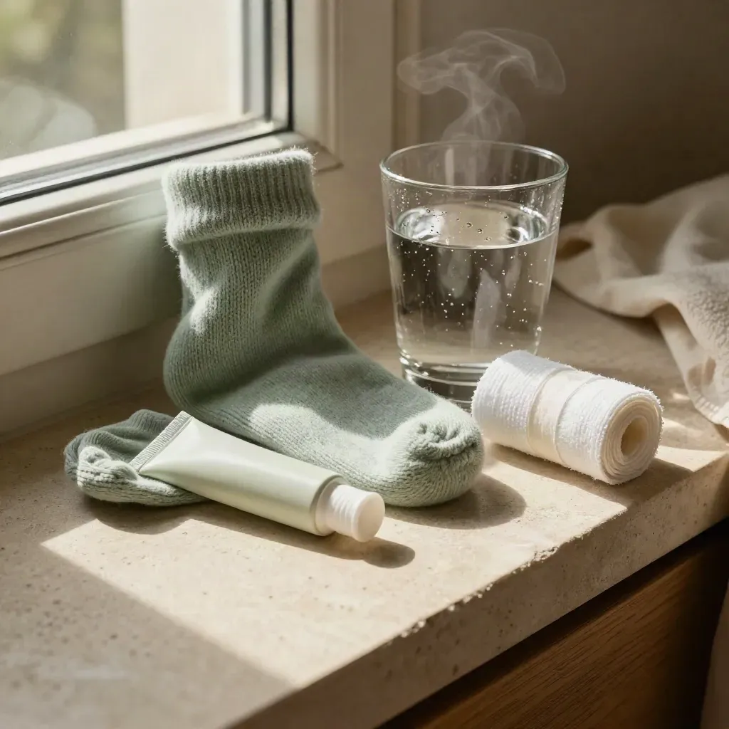 Postpartum verzorgingsset met balsemtube, sokken, waterglas en gaasrol op het nachtkastje