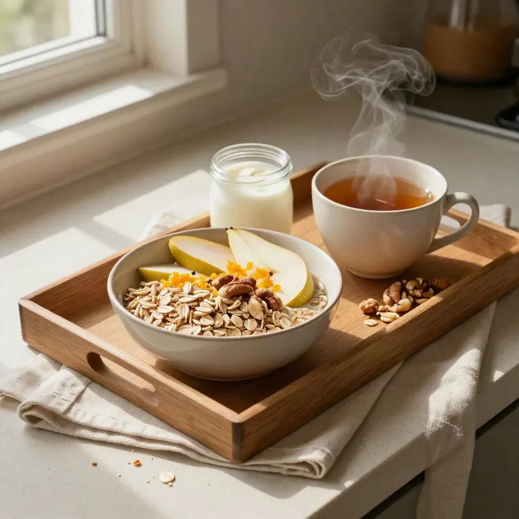 Broodtrommel met havermout, fruit, yoghurt en kruidenthee op linnen.
