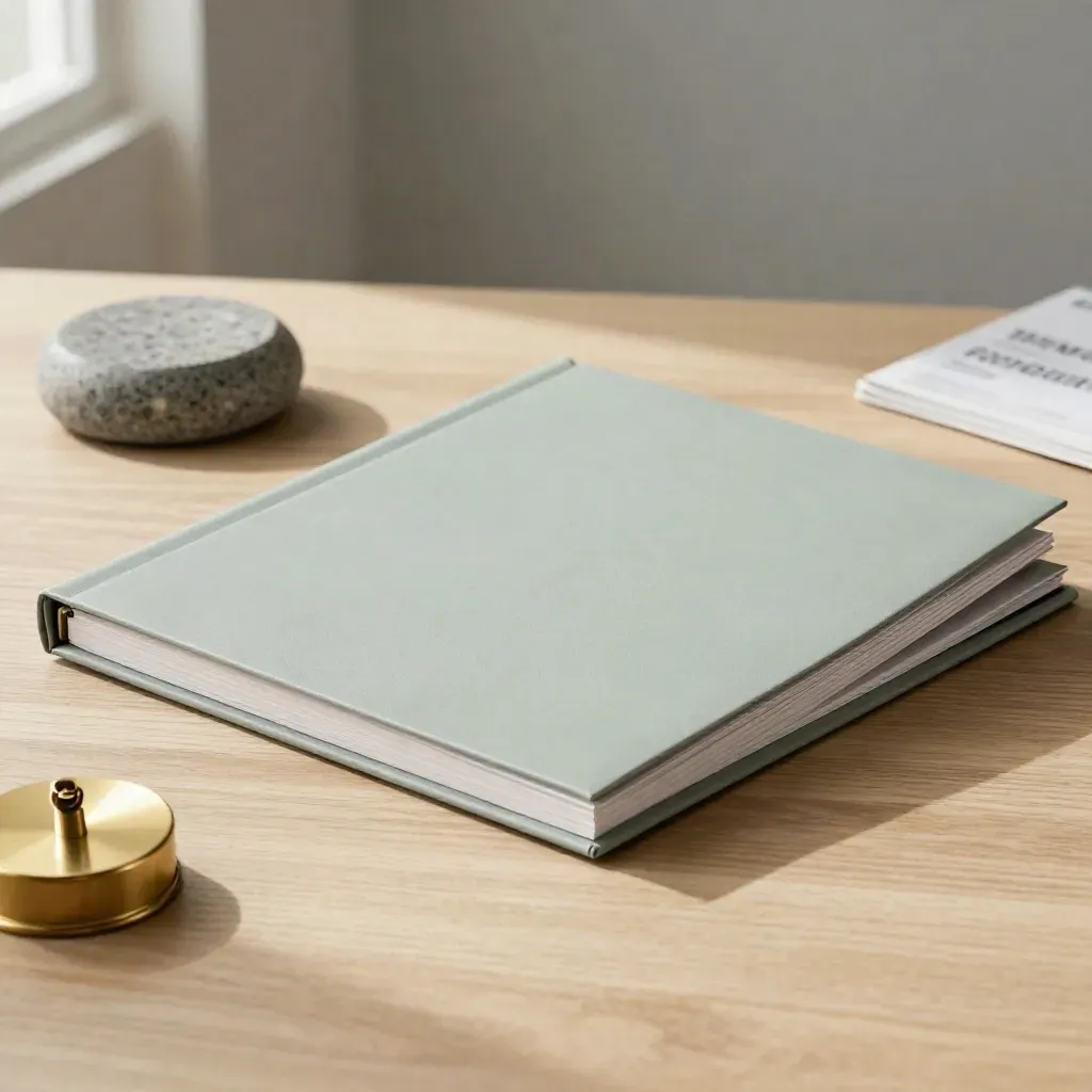 Accordeonmap, steen en brass clip op een eiken bureau met zacht daglicht.