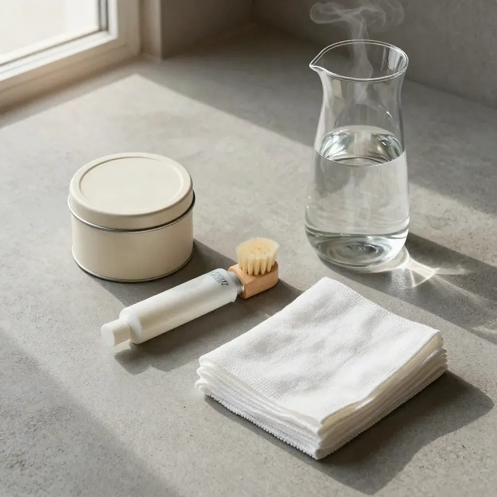 Flatlay van nazorgset met theetrommel, lanoline, borsteltje, gaas en karaf op beton.
