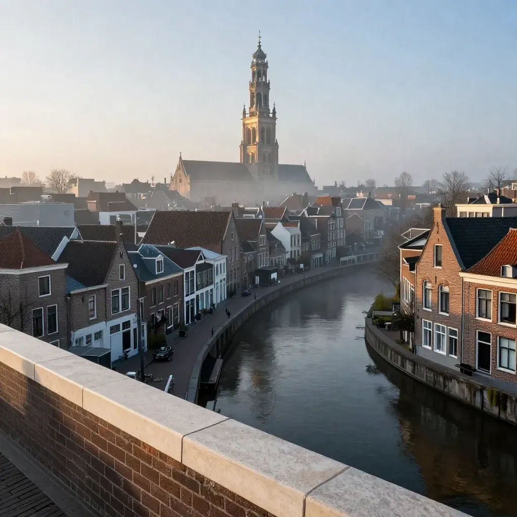 Utrechtse Domtoren boven mistige grachten en rustige stenen kades in zachte dageraad