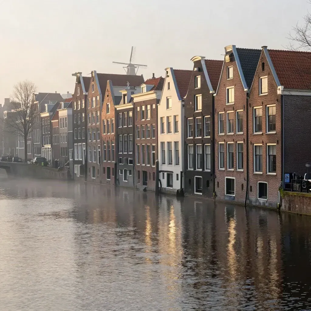 Amsterdamse grachtenpanden en een verre molen boven rustig water in ochtendnevel.