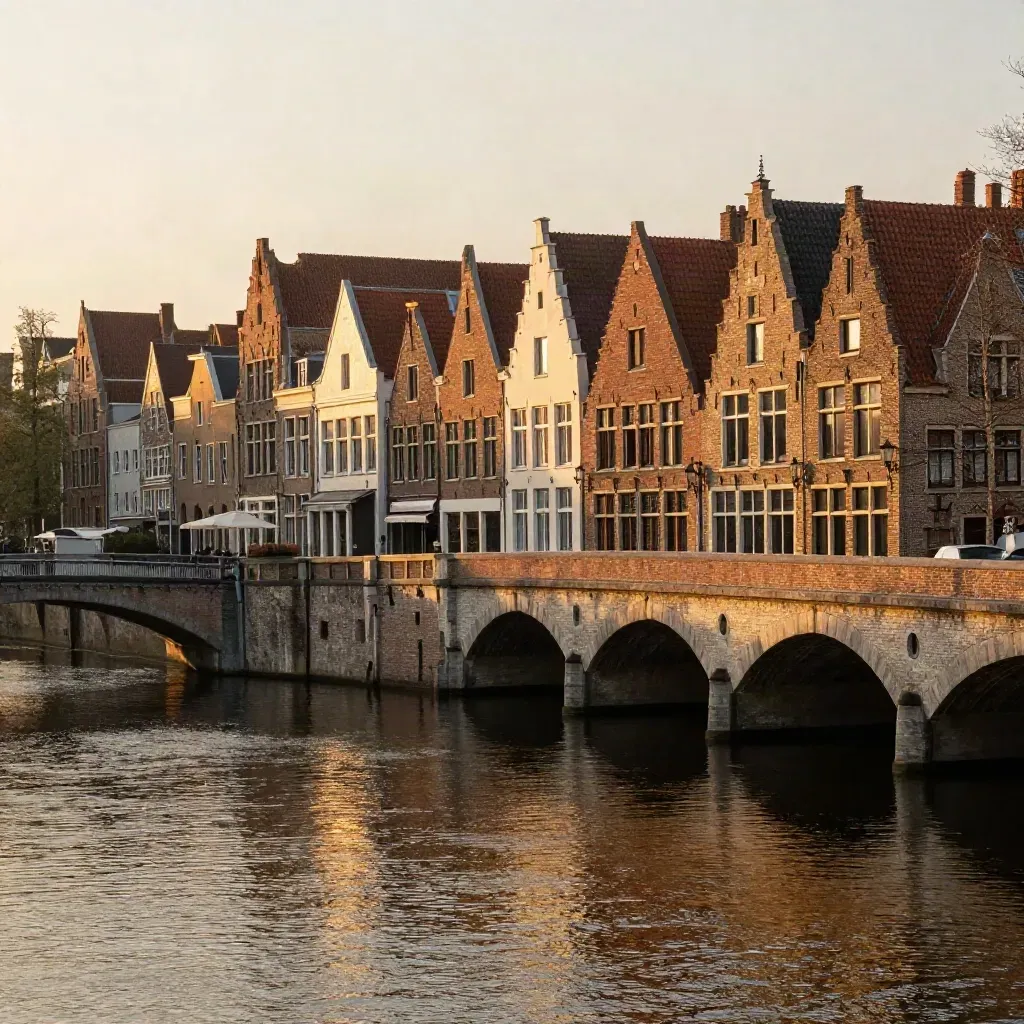 Leidse bruggen en gevels in warme avondmist boven rustige rivier