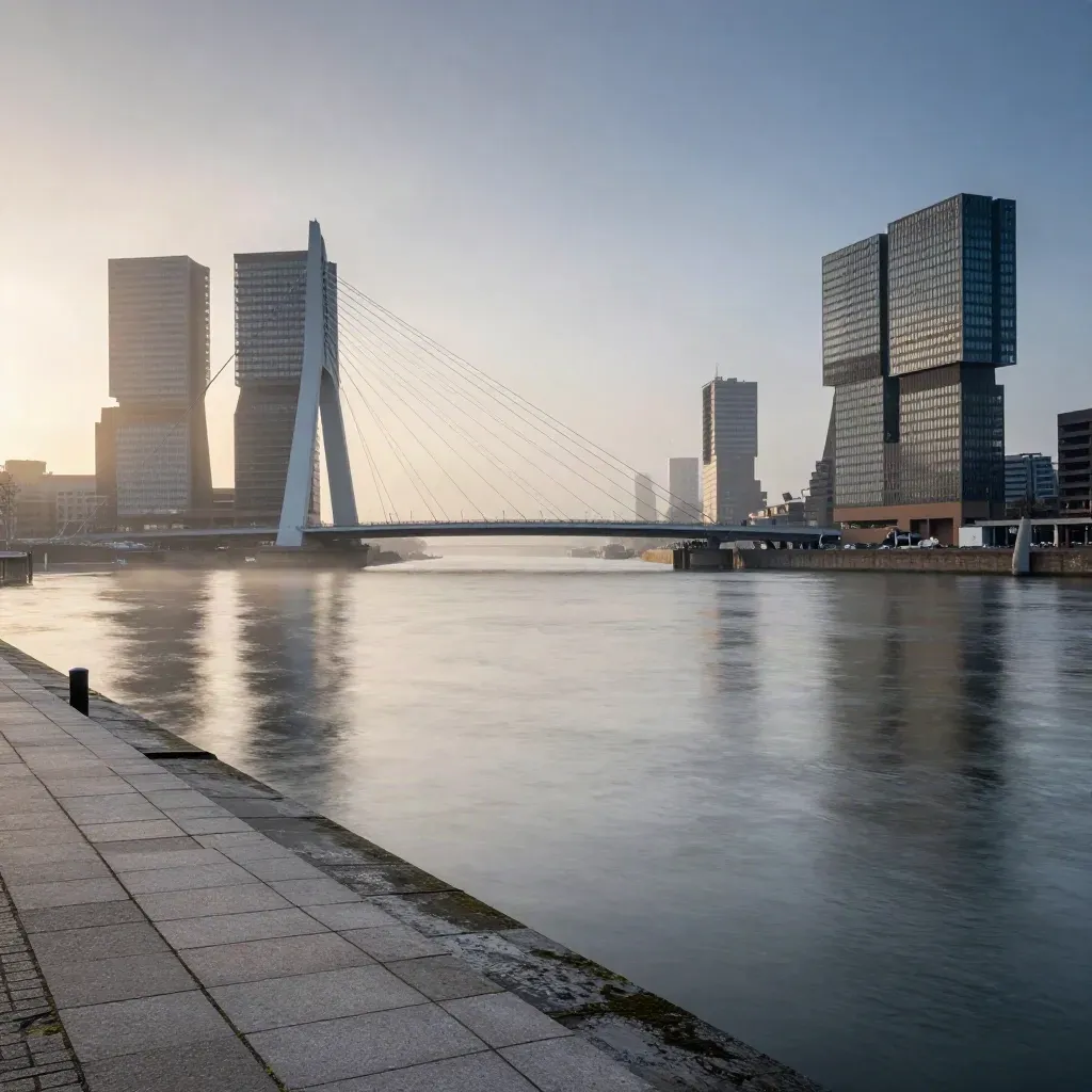 Rotterdamse skyline met de Erasmusbrug in blauwe uurgloed boven rustig rivierwater.