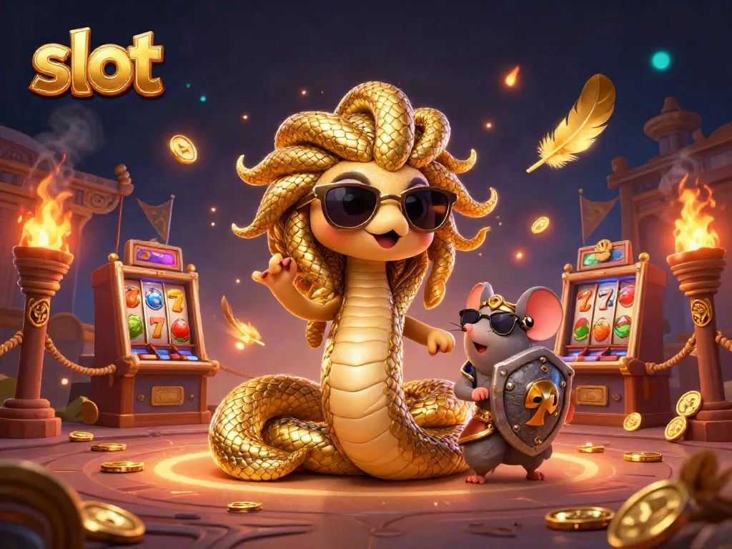 Spin and win with the vibrant slot machine scene featuring Medusa and a mouse warrior.