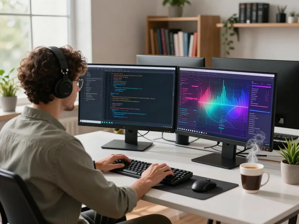 Trackbase programmer focused on game analytics in a modern office space.