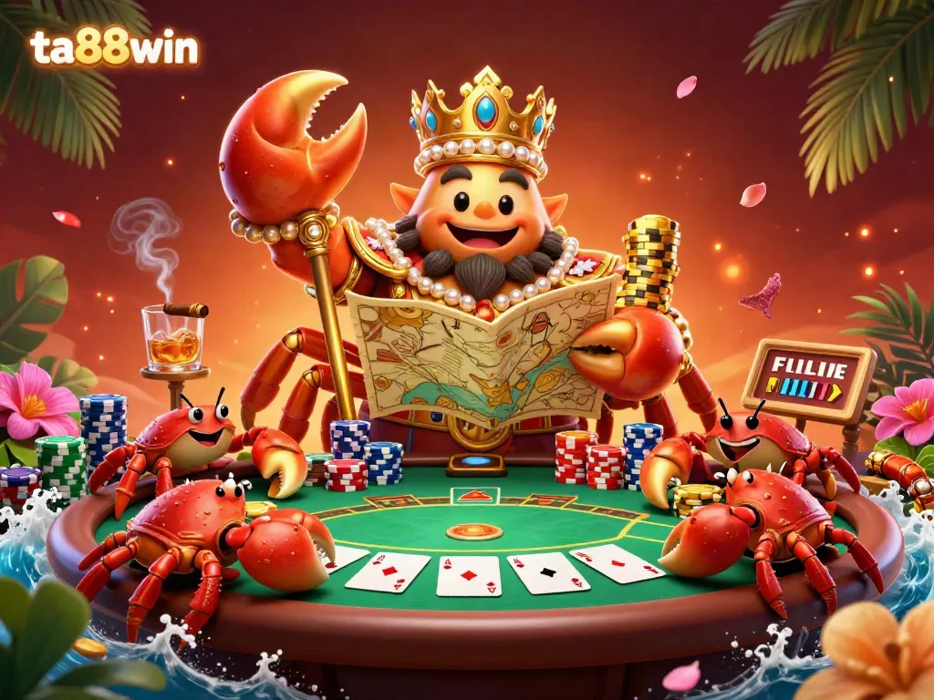 Experience the excitement of ta88win with a lavish 3D illustration showcasing a golden crab emperor, bright poker elements, and vibrant casino atmosphere.