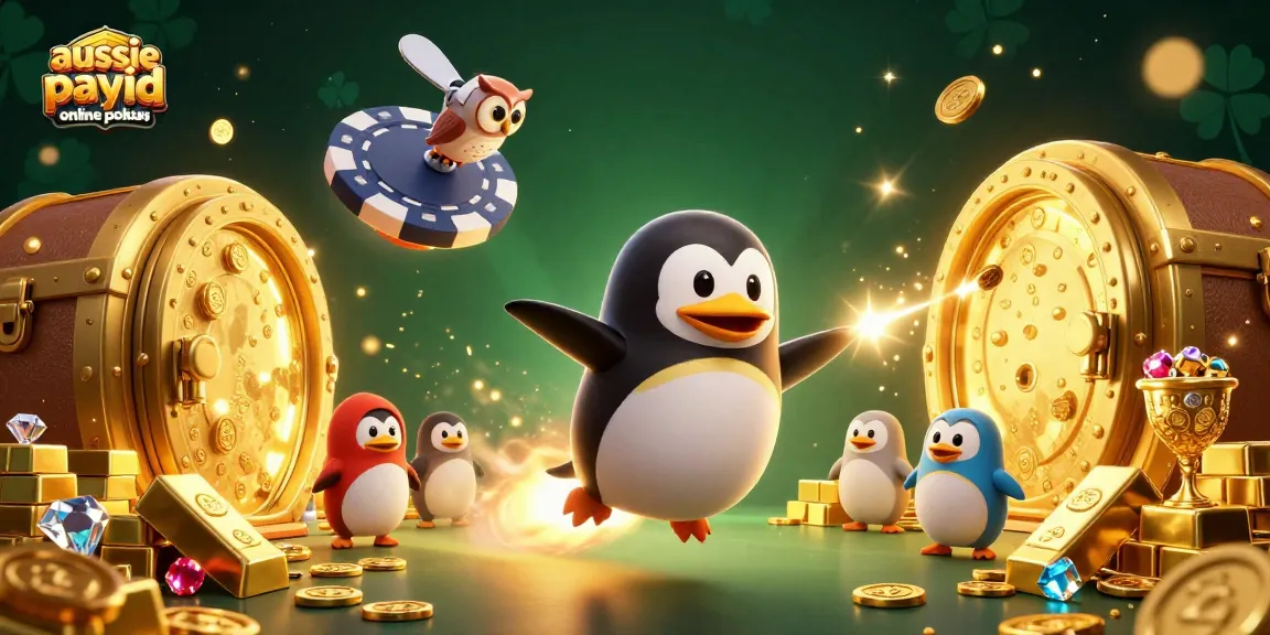 Aussie payid online pokies scene showcasing a rocket-powered penguin and poker chip space station.