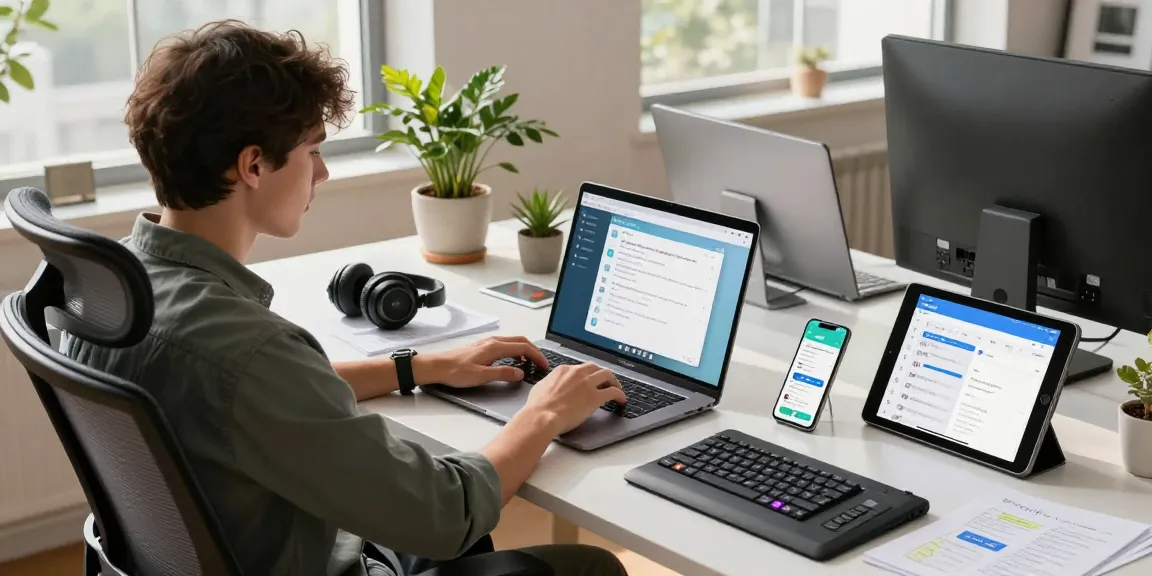 Using Telegram Web Version on a laptop in a modern workspace, showcasing productivity and technology integration.