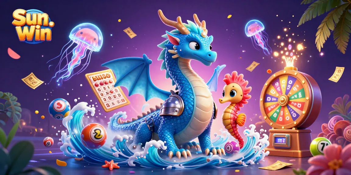 Experience the thrill of Sun Win with vibrant gaming elements surrounding an azure water dragon.